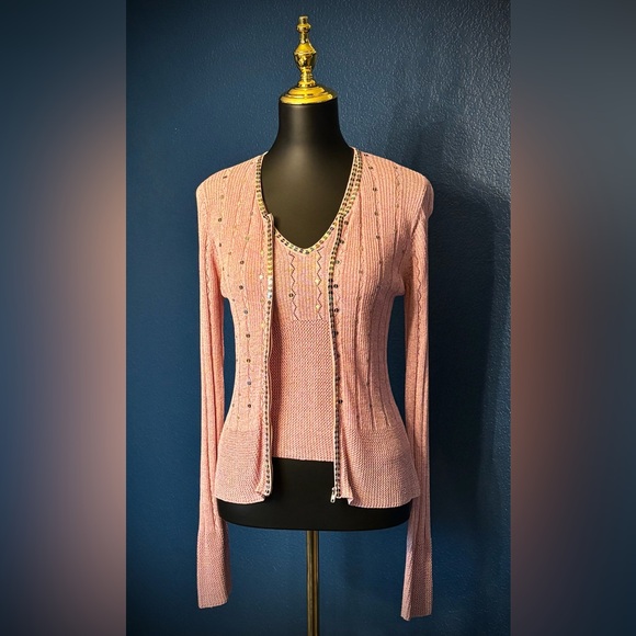 🦄RARE🦄 Vintage JANE DOE COLLECTION Twinset, sequins, metallic pink, knit - Picture 2 of 16